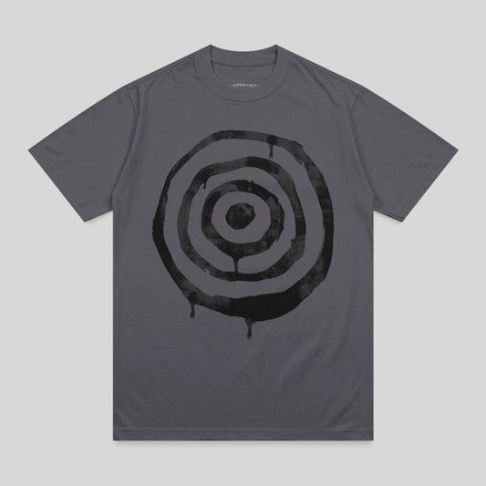 Charcoal t-shirt with a black, dripping target graphic.