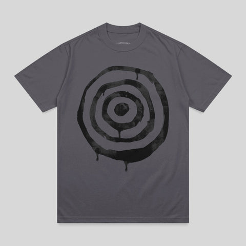 Charcoal t-shirt with a black, dripping target graphic.