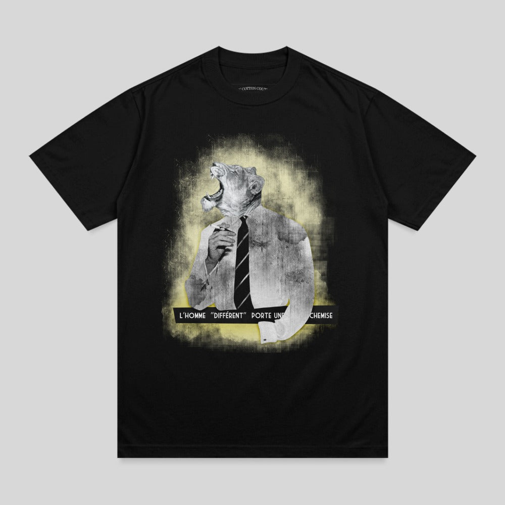 Black t-shirt with a distressed graphic of a man in a suit roaring.