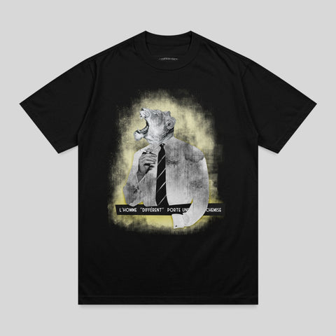 Black t-shirt with a distressed graphic of a man in a suit roaring.