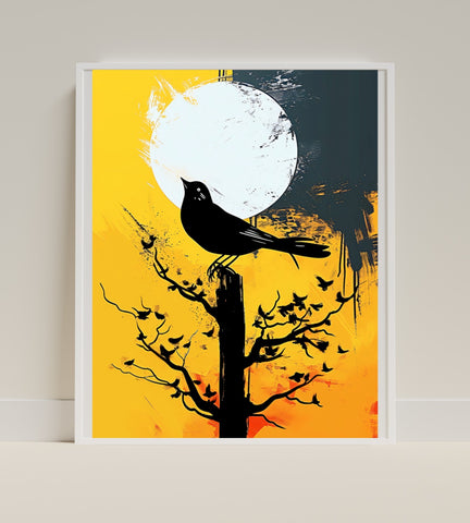 Abstract Crow and Full Moon Artistic Wall Art Print