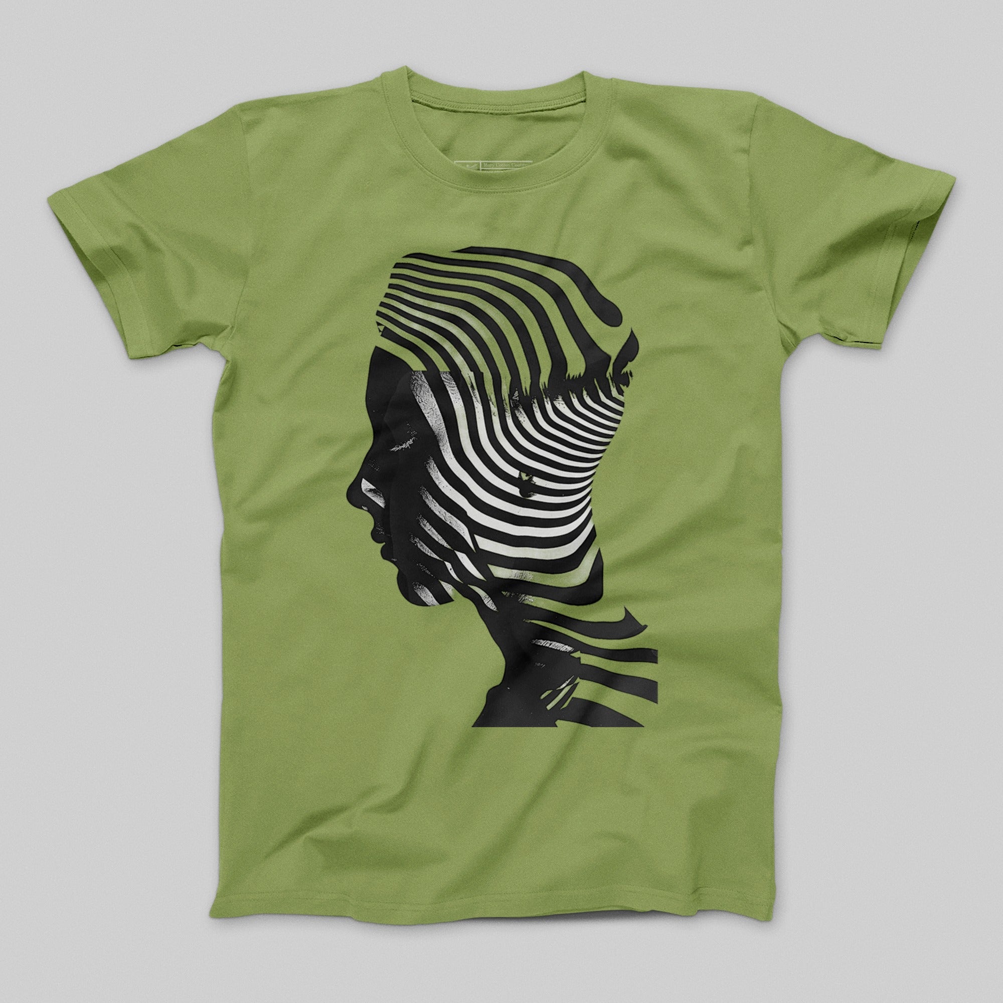 Green Shirt with Abstract Black and White Head Design