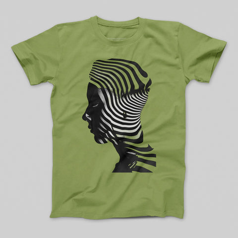 Green Shirt with Abstract Black and White Head Design
