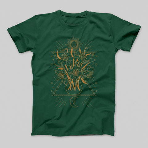Sunflower and Triangles Design Art Green T-Shirt