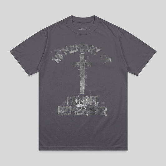 Gray t-shirt with distressed "IN MEMORY I DON'T REMEMBER" text and a cross.
