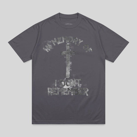 Gray t-shirt with distressed "IN MEMORY I DON'T REMEMBER" text and a cross.