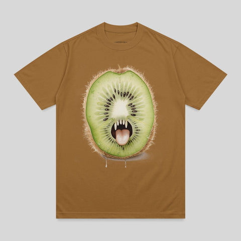 Brown t-shirt with a cartoon kiwi fruit monster with fangs and a tongue.