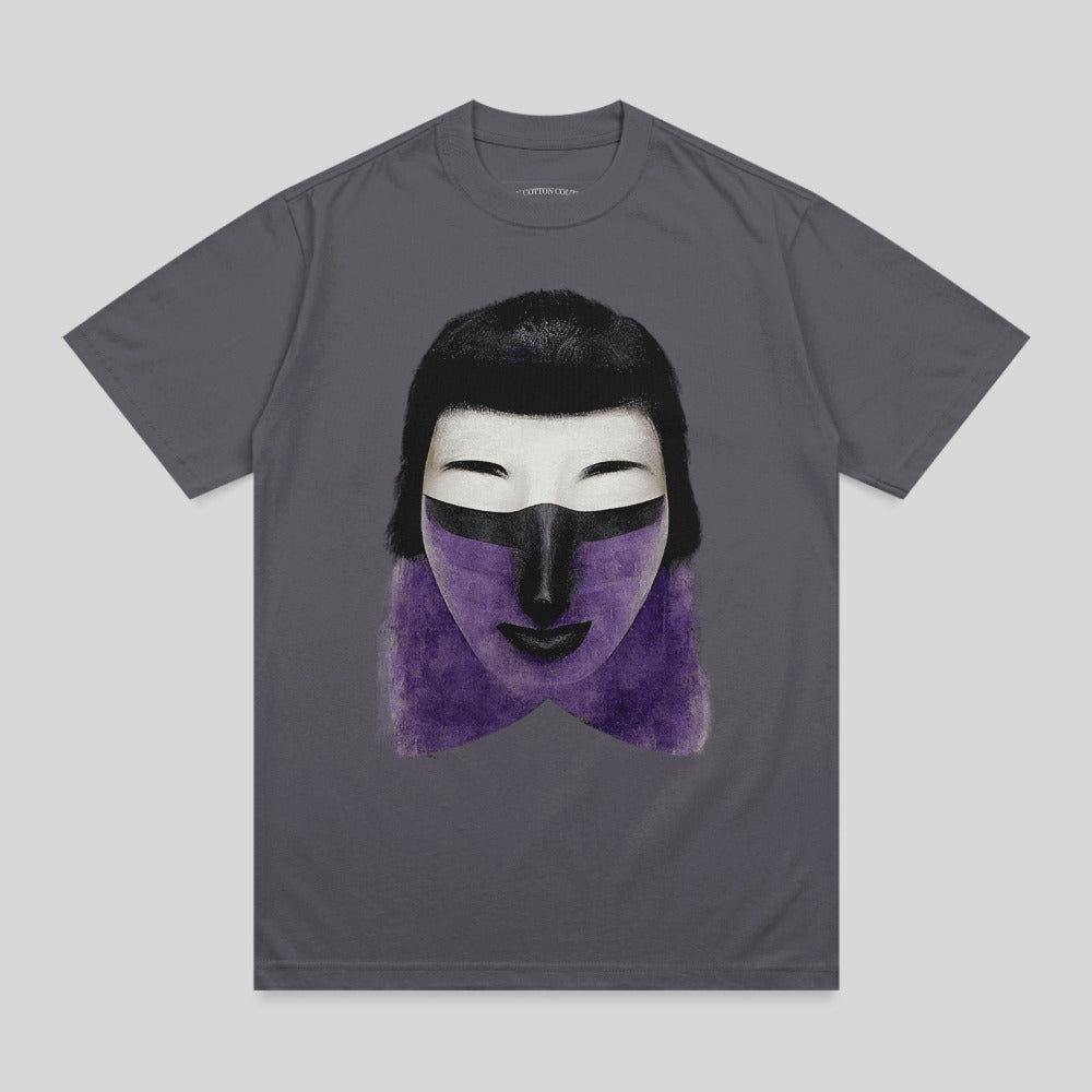 T-shirt with graphic of a woman's face wearing purple and black mask.