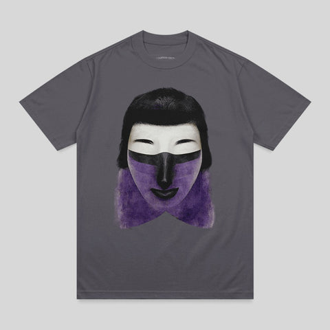 T-shirt with graphic of a woman's face wearing purple and black mask.