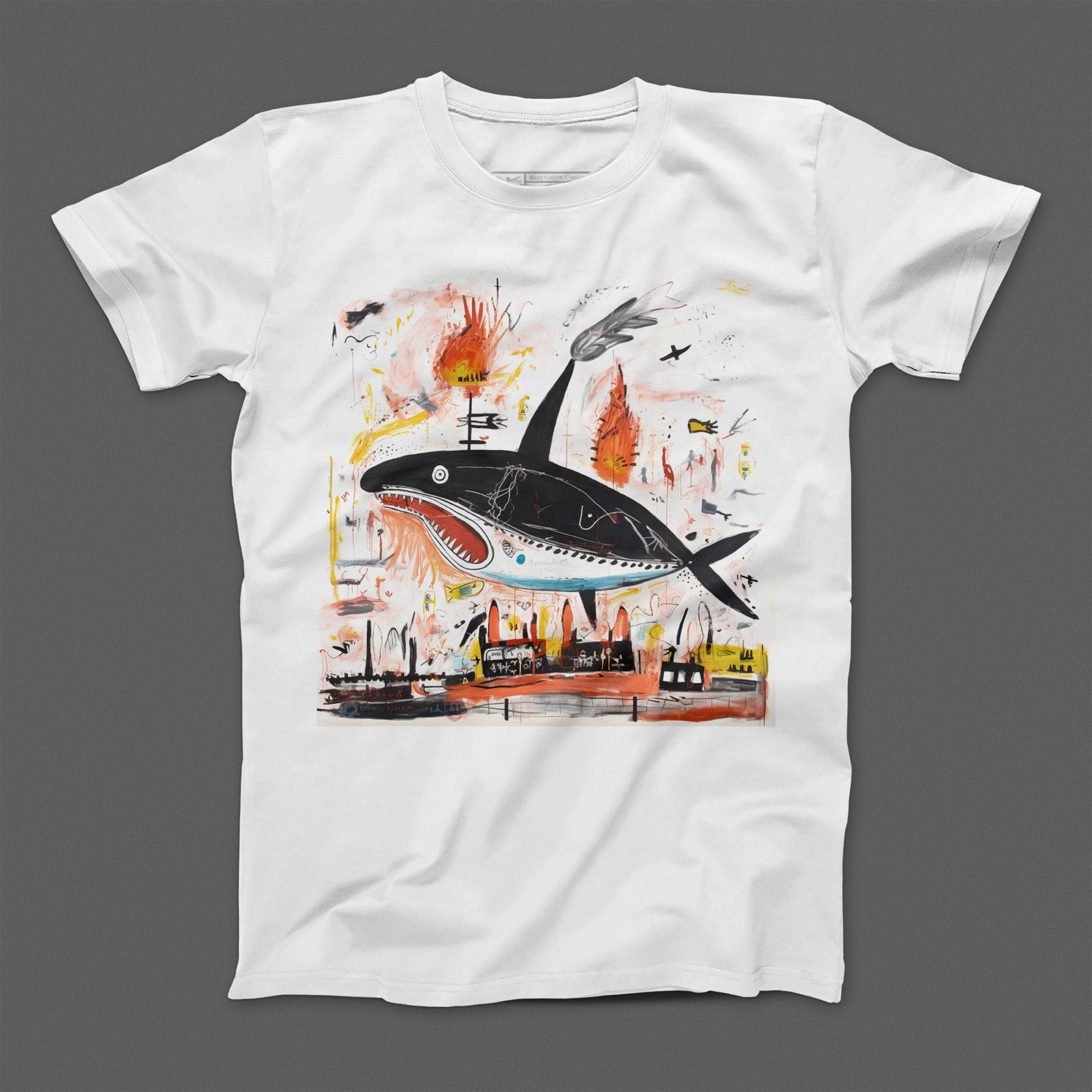 Abstract Art Shark Graphic Print White T-Shirt