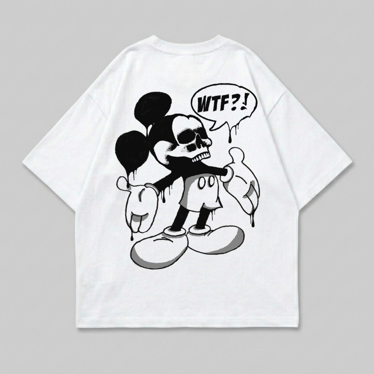 White t-shirt with black graphic of Mickey Mouse skull saying "WTF?!".