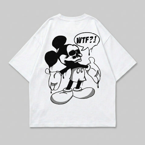 White t-shirt with black graphic of Mickey Mouse skull saying "WTF?!".