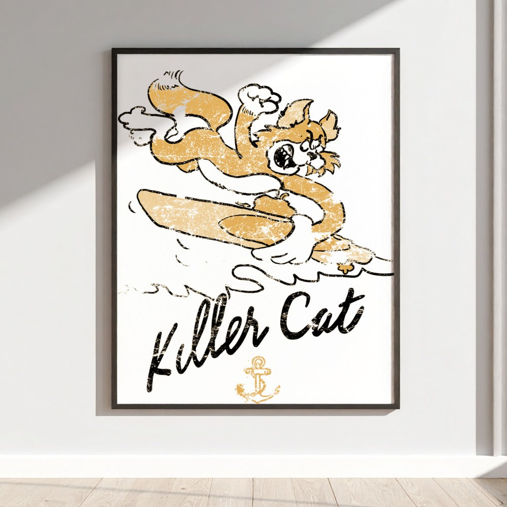 Killer Cat Surfing Artwork Poster for Home Decor