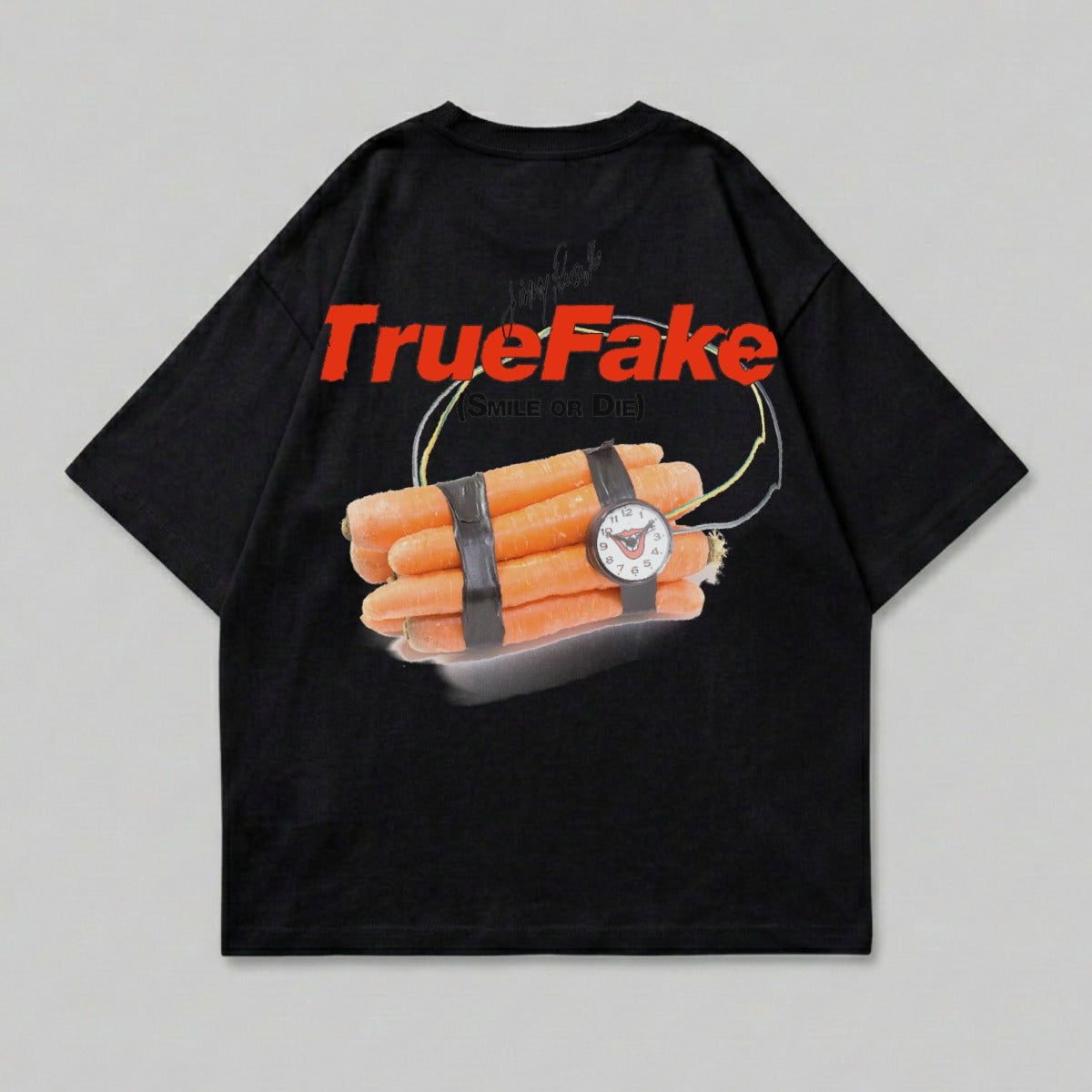 Black t-shirt with a bomb made of carrots and text "TrueFake (SMILE OR DIE)".