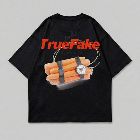 Black t-shirt with a bomb made of carrots and text "TrueFake (SMILE OR DIE)".