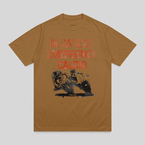 Brown t-shirt with "IN CASE OF EMERGENCY CALCIO" and a graphic of running figures.