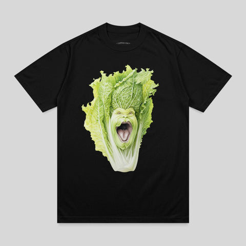Black t-shirt with a graphic of a screaming napa cabbage monster head.