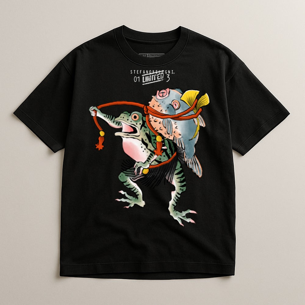 Unique Frog and Fish Graphic Design Black Shirt
