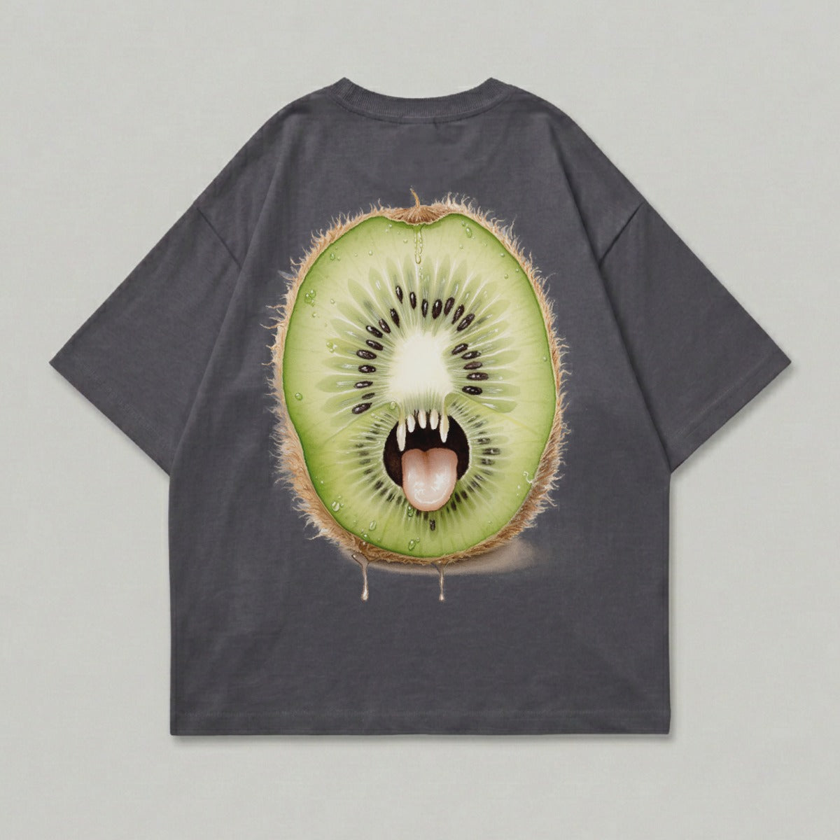 T-shirt with a cartoon kiwi fruit with fangs and a tongue.