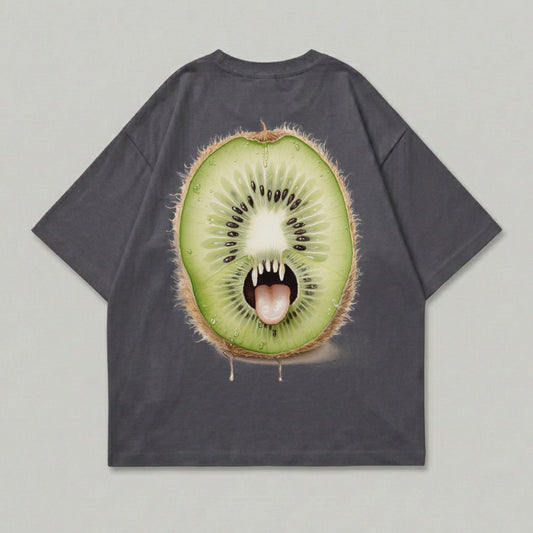 T-shirt with a cartoon kiwi fruit with fangs and a tongue.