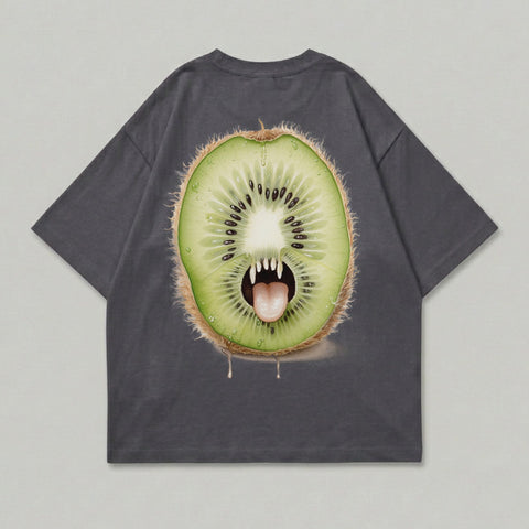 T-shirt with a cartoon kiwi fruit with fangs and a tongue.