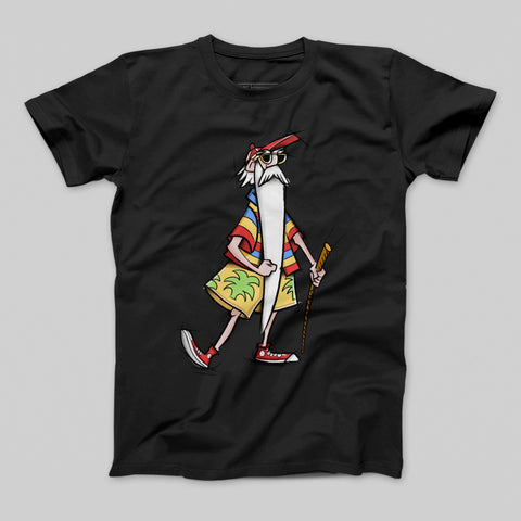 Quirky Walking Stick Character on Fun Black T-shirt