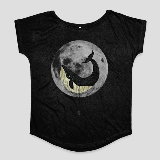 Whale and Moon Graphic Design Art on Black Shirt