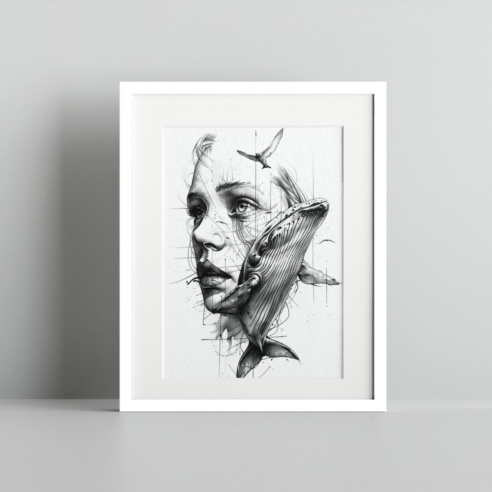 Whale and Woman Abstract Art Print in Black and White