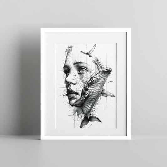 Whale and Woman Abstract Art Print in Black and White