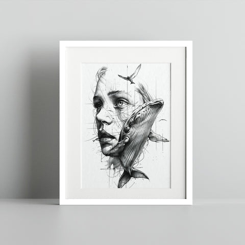 Whale and Woman Abstract Art Print in Black and White