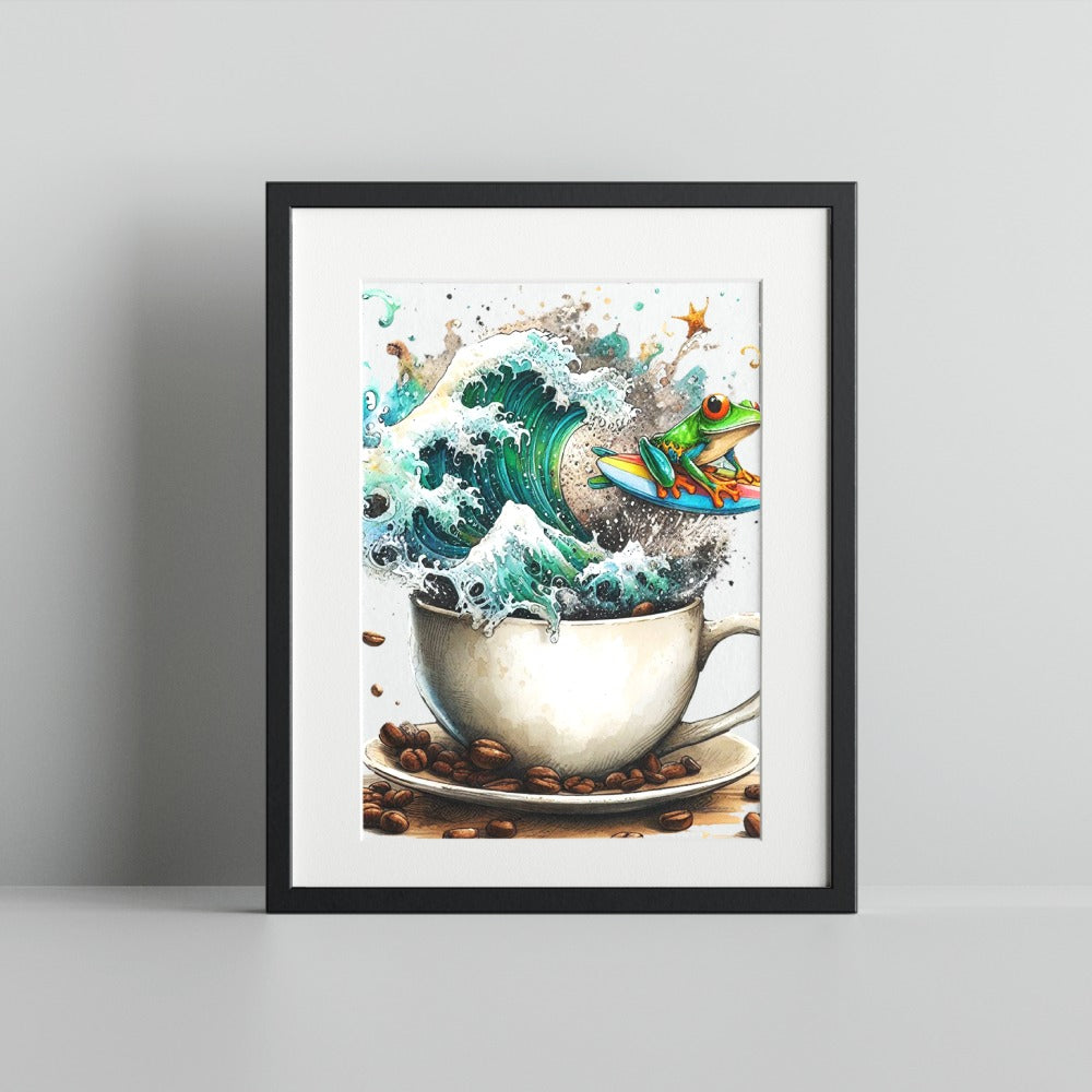 Surfing Frog in Coffee Cup Framed Art Print