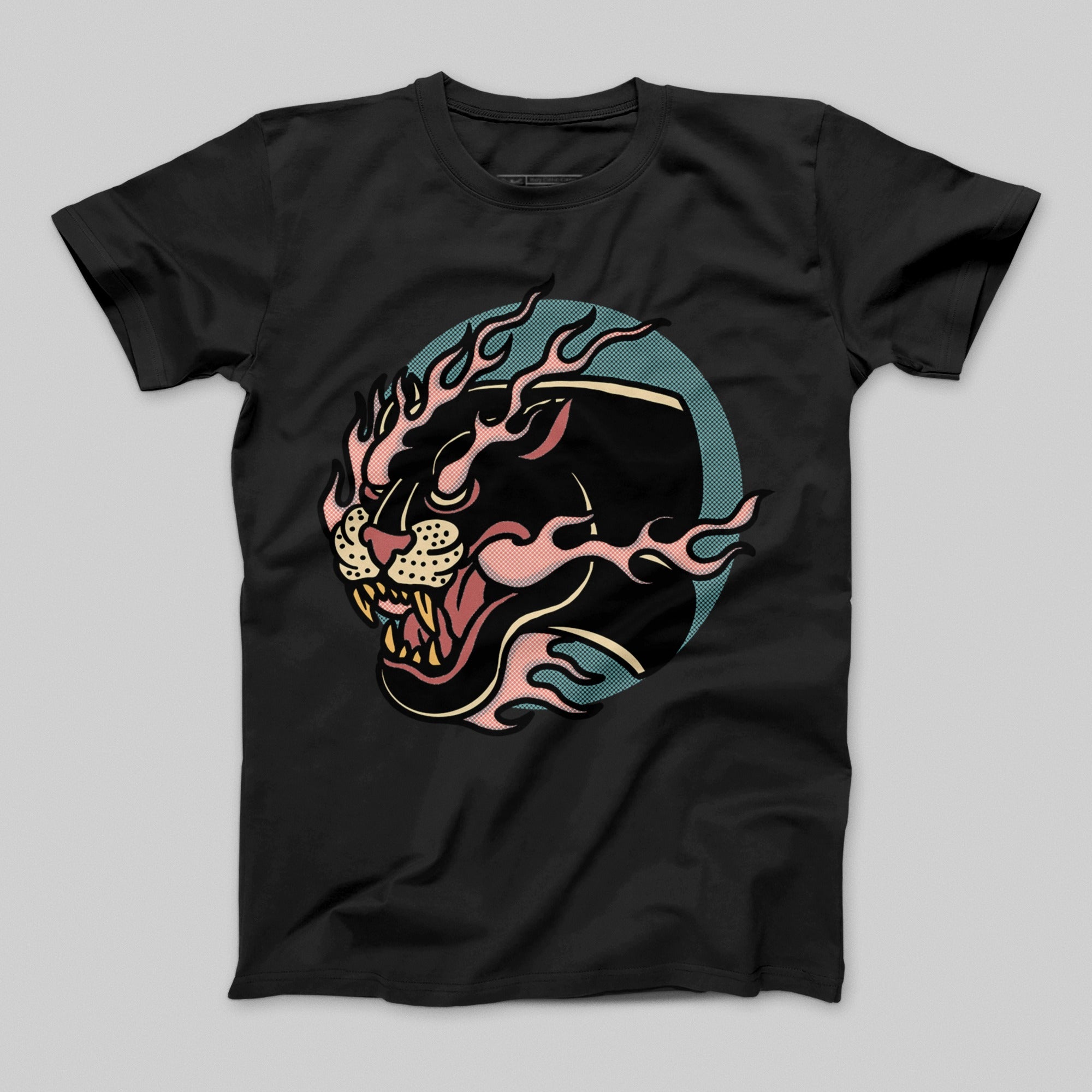Fierce Panther Graphic Tee with Retro Flames Design