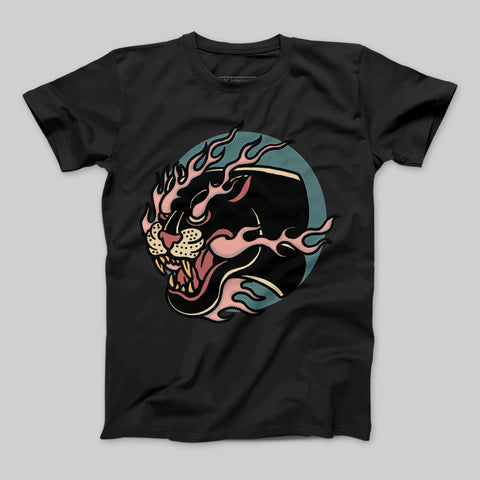 Fierce Panther Graphic Tee with Retro Flames Design