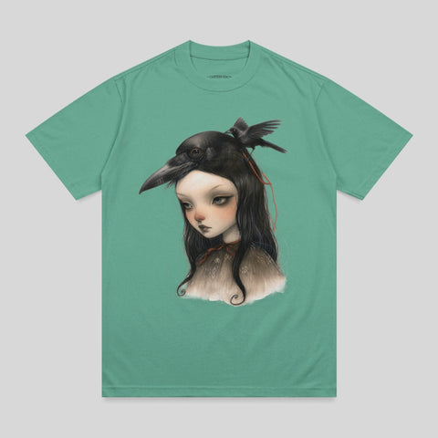 Mysterious girl crow headwear dark bird artwork T-shirt product type