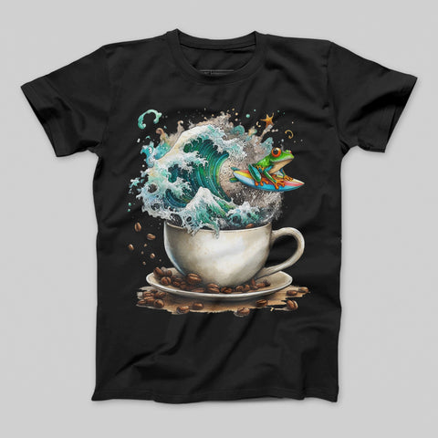 Frog Surfing on Coffee Wave T-shirt Design