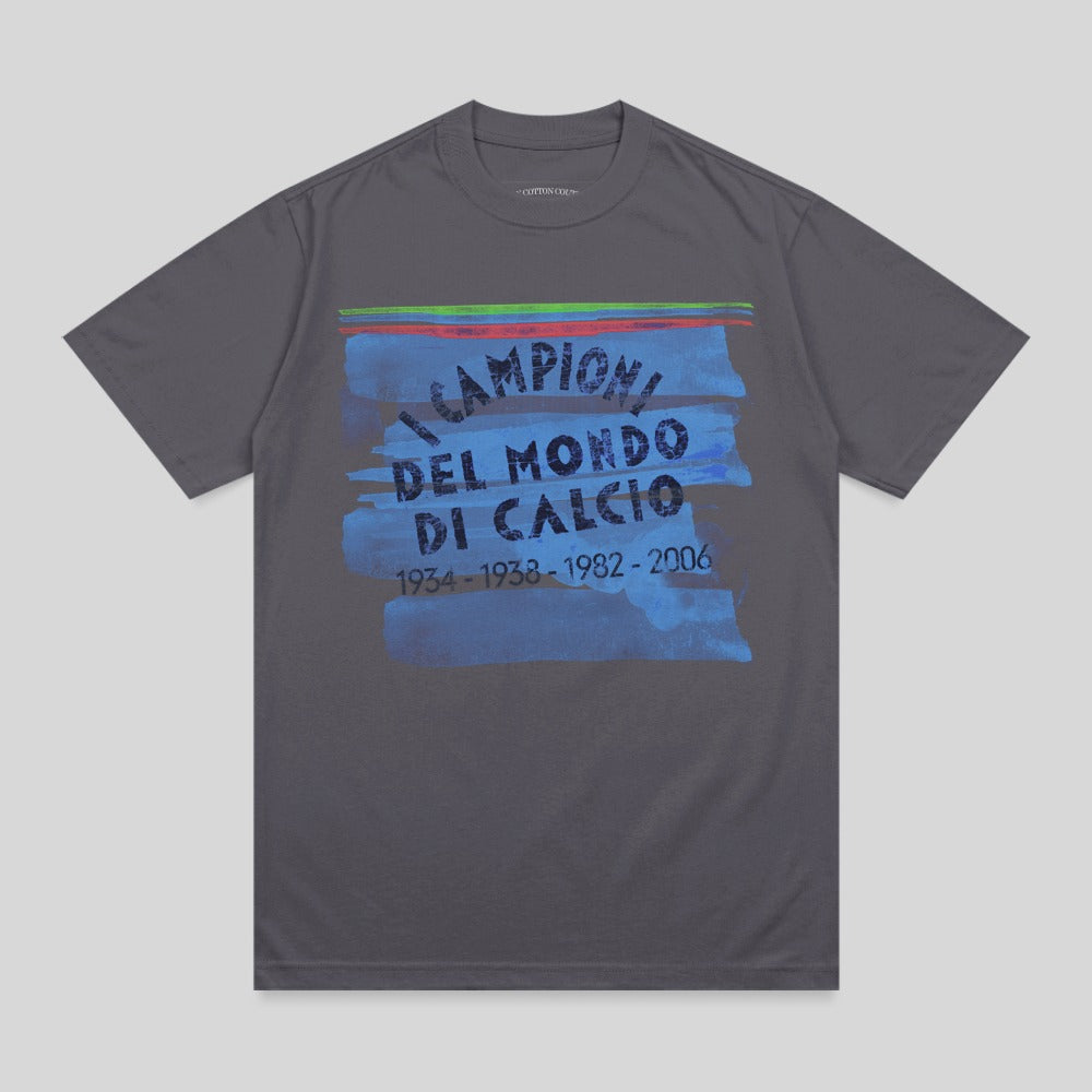 Dark gray t-shirt with "Campioni del Mondo" and dates in blue and green stripes.