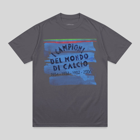 Dark gray t-shirt with "Campioni del Mondo" and dates in blue and green stripes.
