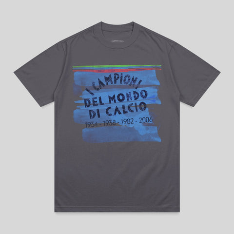 Dark gray t-shirt with "Campioni del Mondo" and dates in blue and green stripes.