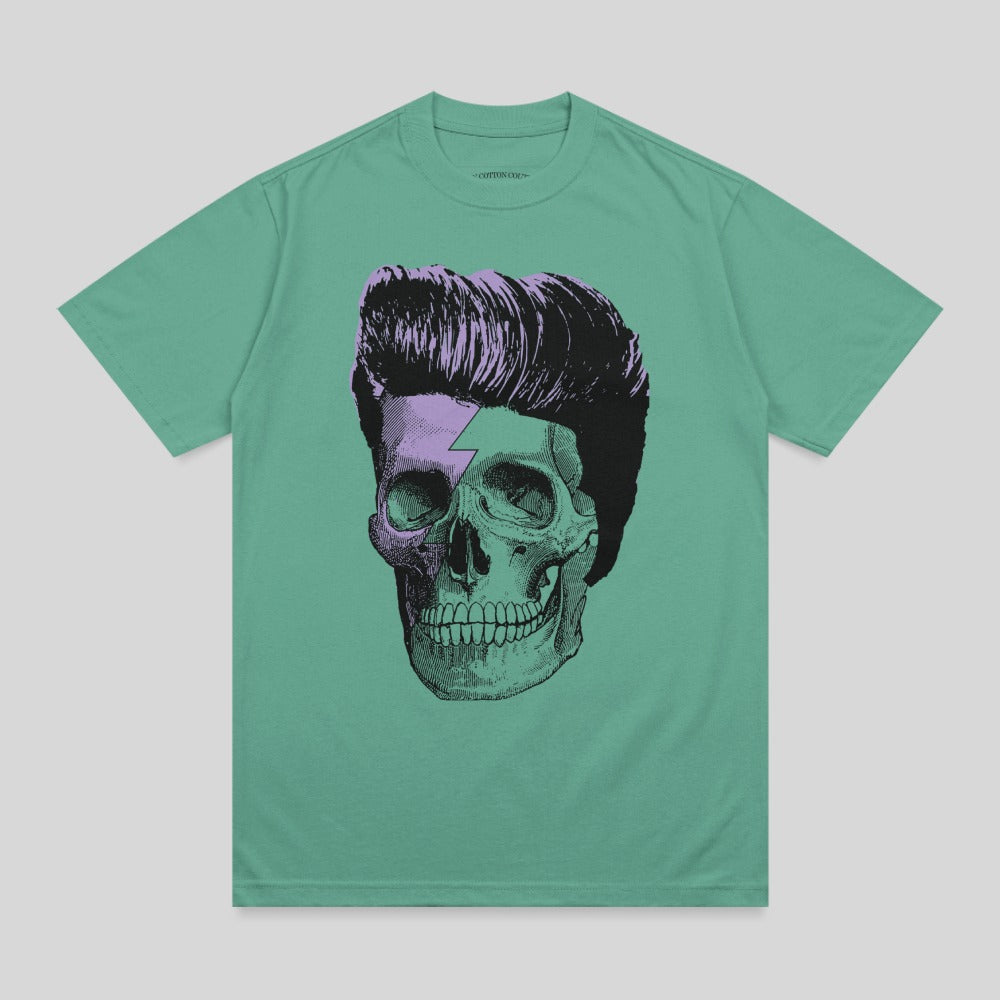 Green t-shirt with a stylized skull featuring a purple lightning bolt forehead.
