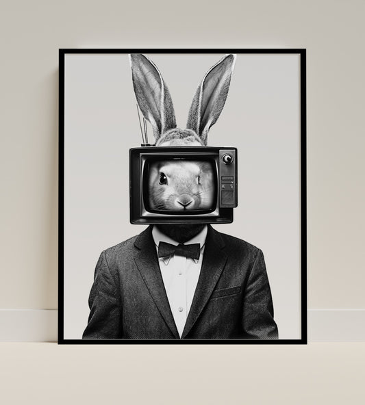 Rabbit with TV Head in Suit Surreal Art Print