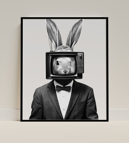 Rabbit with TV Head in Suit Surreal Art Print