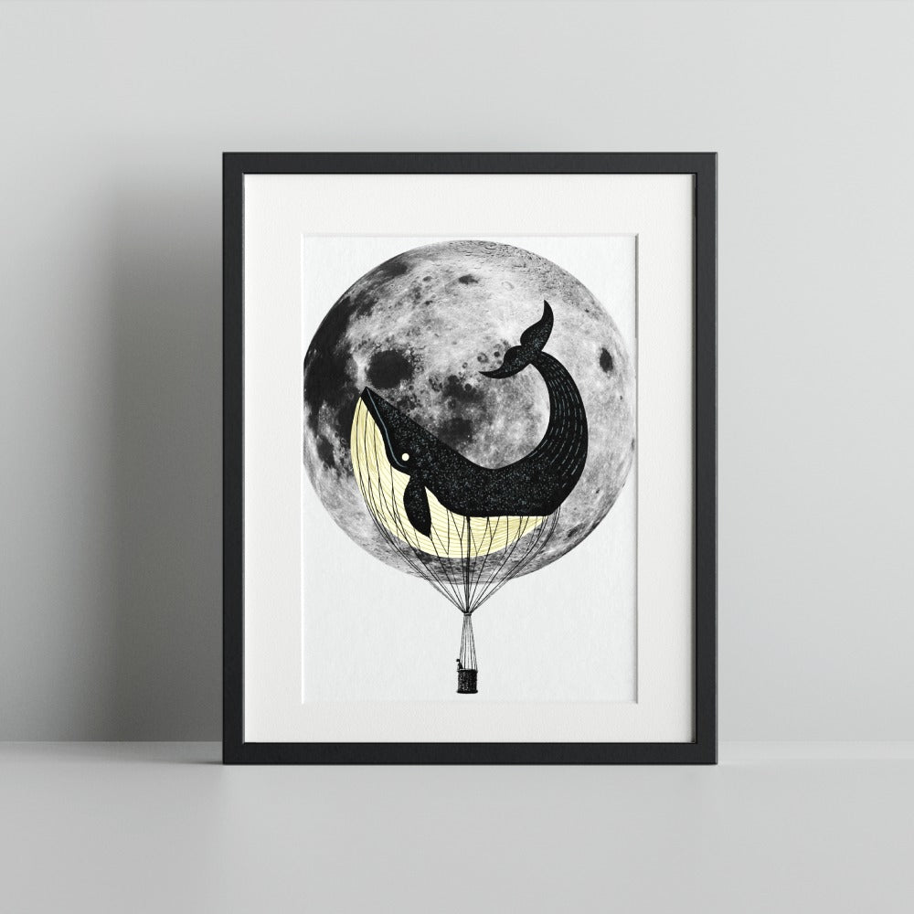 Whale Balloon Floating Over Moon Wall Art Print
