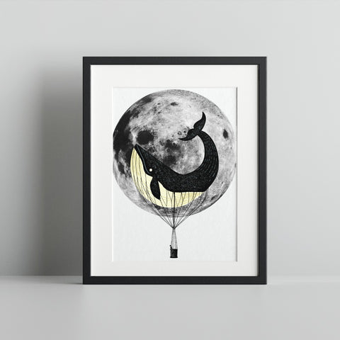 Whale Balloon Floating Over Moon Wall Art Print