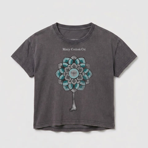 Dark grey t-shirt with a mandala-style flower and bee graphic.