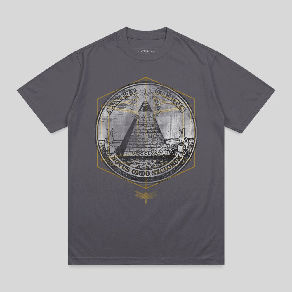 Gray t-shirt with circular emblem featuring pyramid, eye, and "Novus Ordo Seclorum" text.