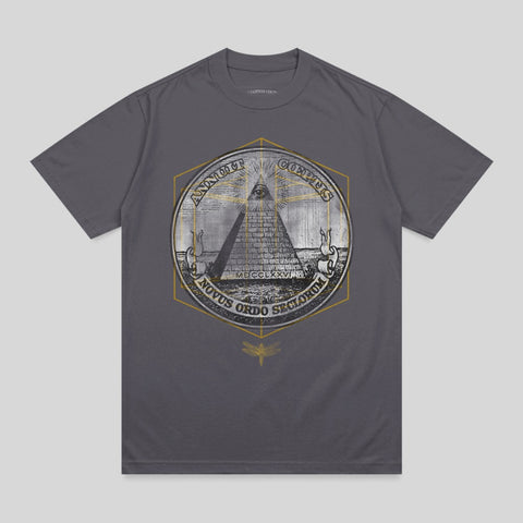 Gray t-shirt with circular emblem featuring pyramid, eye, and "Novus Ordo Seclorum" text.