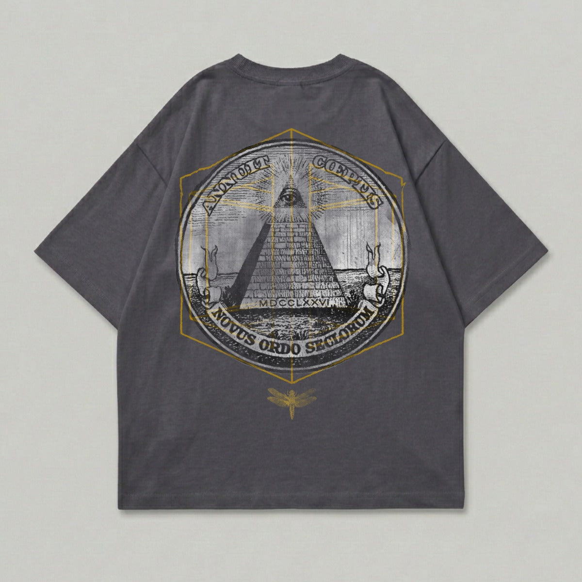 Dark grey t-shirt with eye pyramid and Latin text in gold circular design.