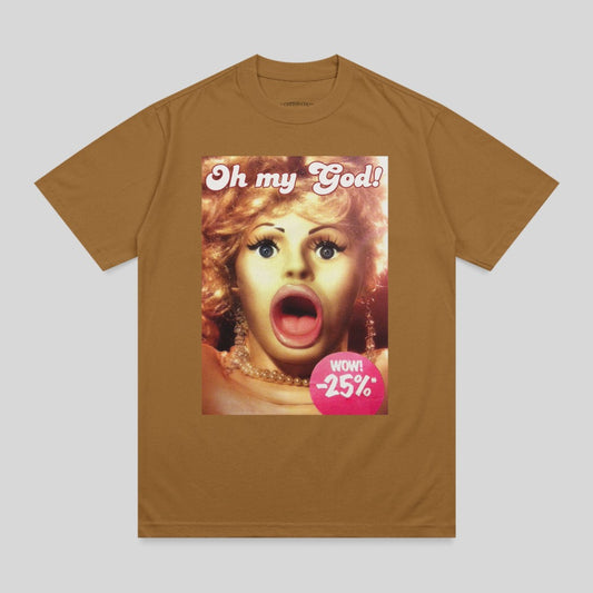 Brown t-shirt with "Oh my God!" and "WOW! -25%" text over a woman's shocked face.