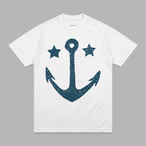 White t-shirt with navy blue anchor and two stars graphic.