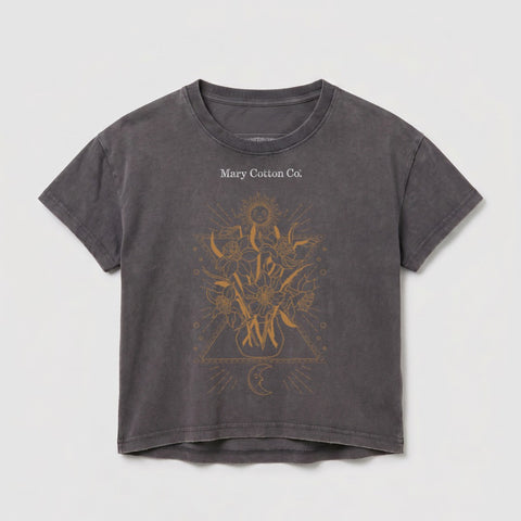 Gray t-shirt with celestial sun and floral design and "Mary Cotton Co." text.